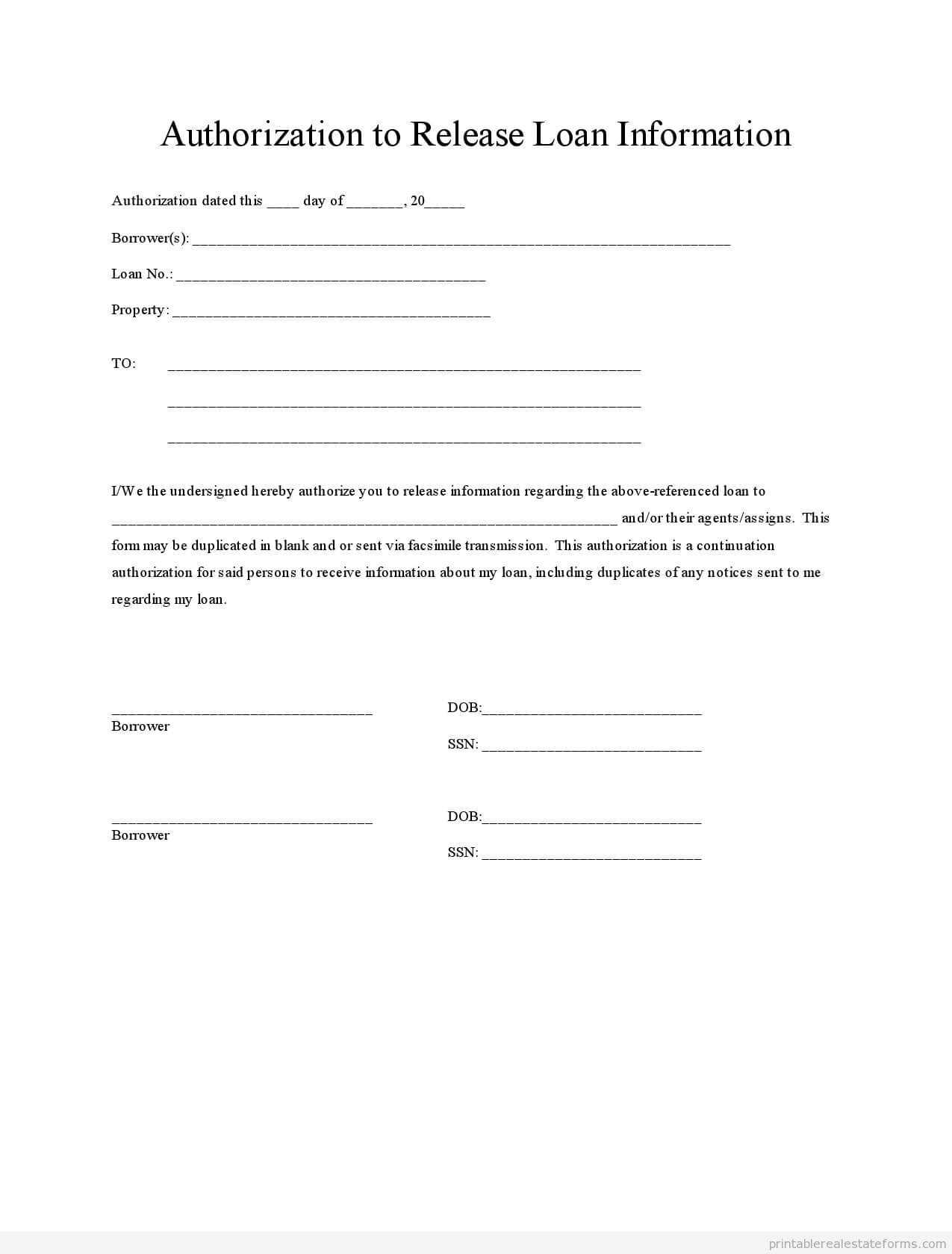 Printable Loan Authorization 2 Template 2015 | Real Estate With Blank Legal Document Template