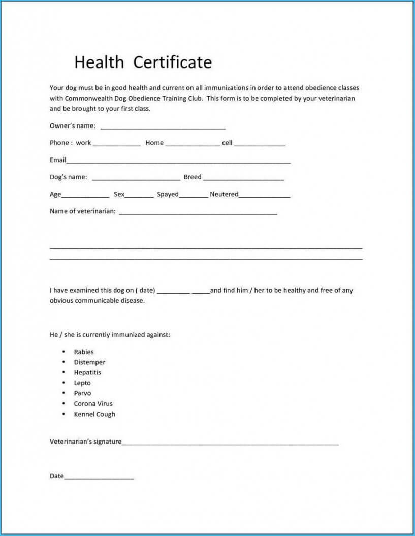 Printable Pet Health Certificate Template 7127 Pet Health Inside Veterinary Health Certificate Template