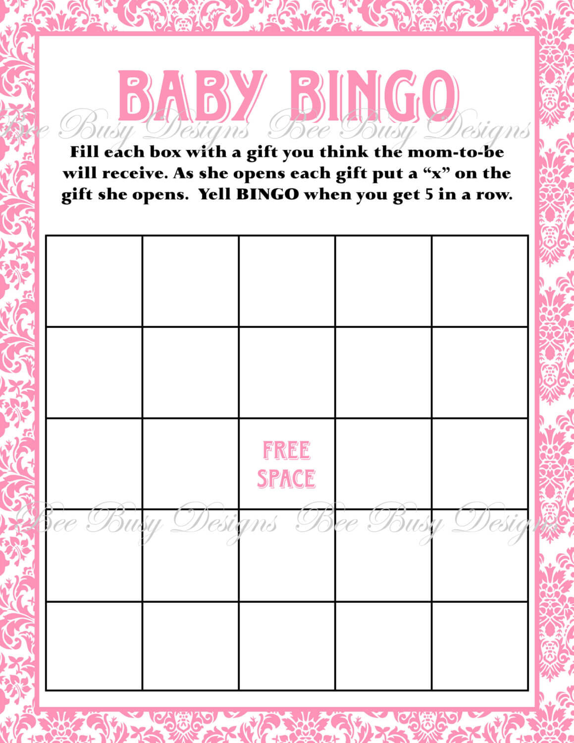 Printable Pink Damask Baby Shower Bingo Game Bee Busy Heavy With Blank Bingo Template Pdf