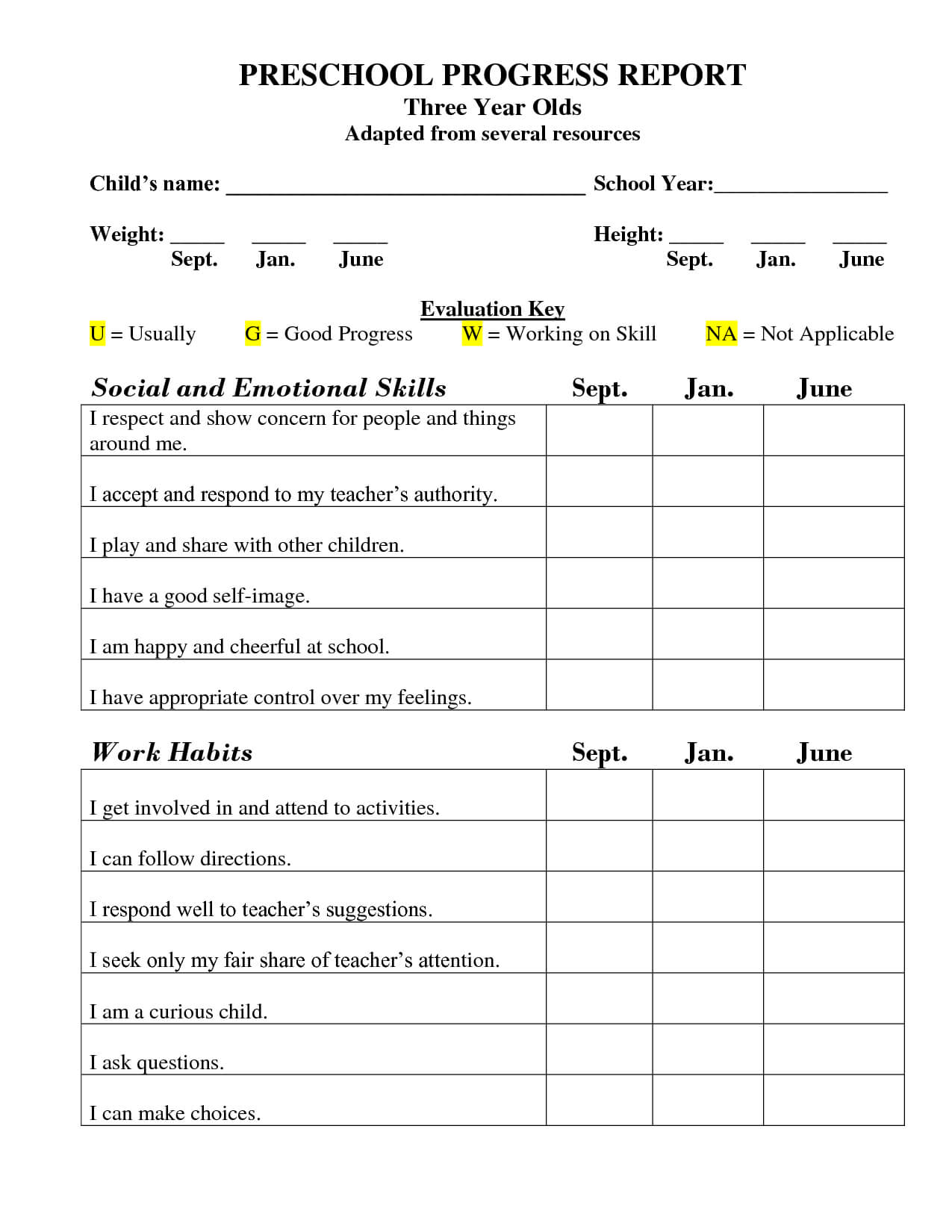 Printable Preschool Progress Report Template | School Report Inside Preschool Progress Report Template