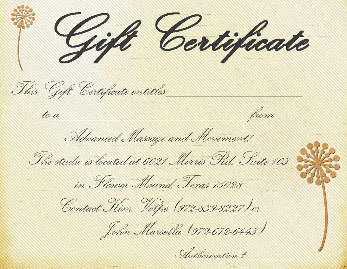 Printable Printable Massage Gift Certificate Template Pertaining To Massage Gift Certificate Template Free Printable