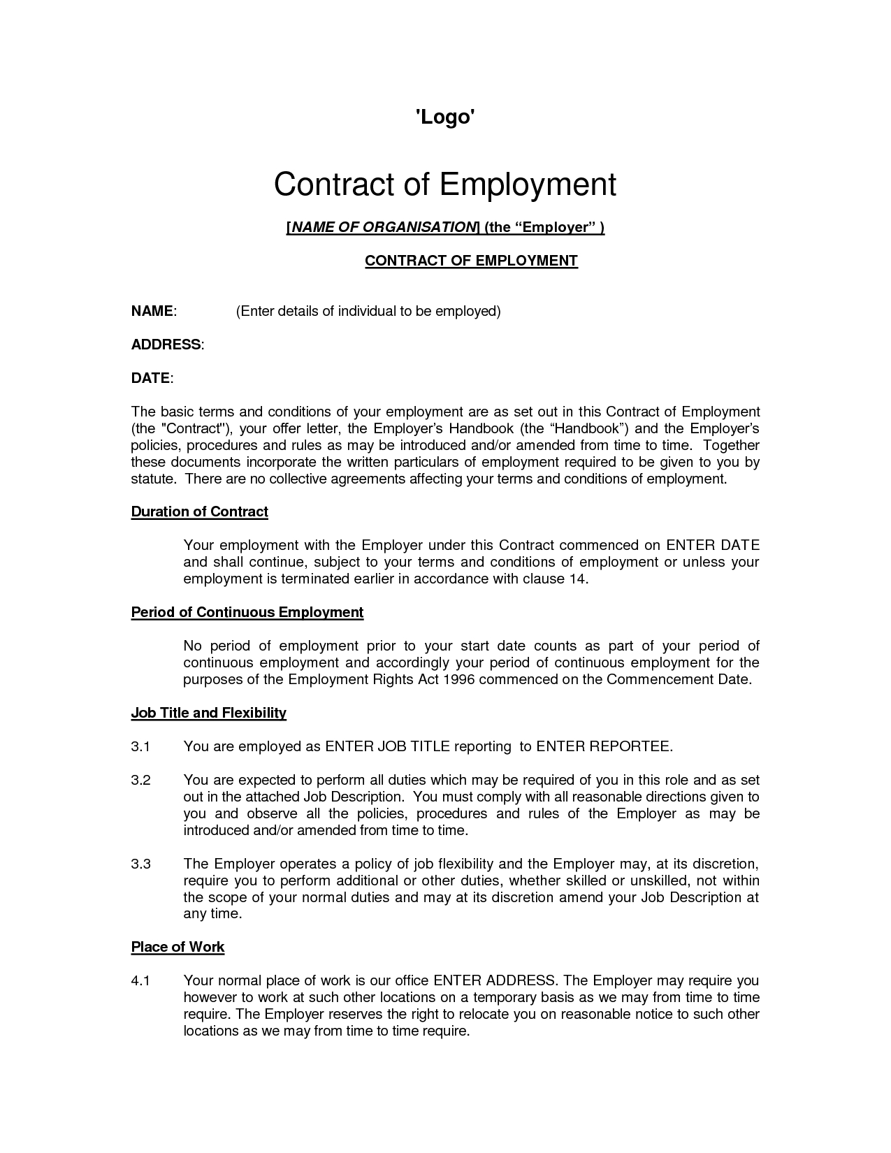 Printable Sample Employment Contract Sample Form | Nanny Regarding Nanny Contract Template Word