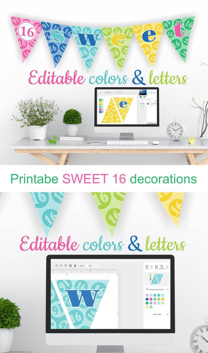 Printable Sweet 16 Decorations - Editable Banner - Customize Pertaining To Sweet 16 Banner Template