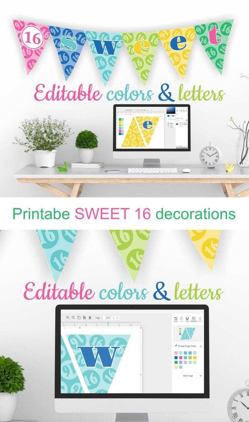 Printable Sweet 16 Decorations – Editable Banner – Customize Pertaining To Sweet 16 Banner Template