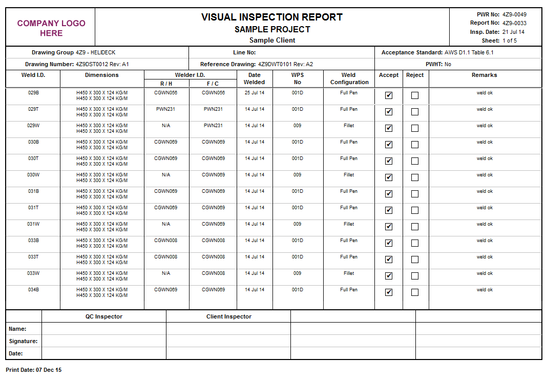 Product Detail Inside Welding Inspection Report Template