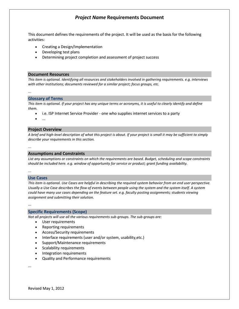 Project Requirements Template Throughout Reporting Requirements Template