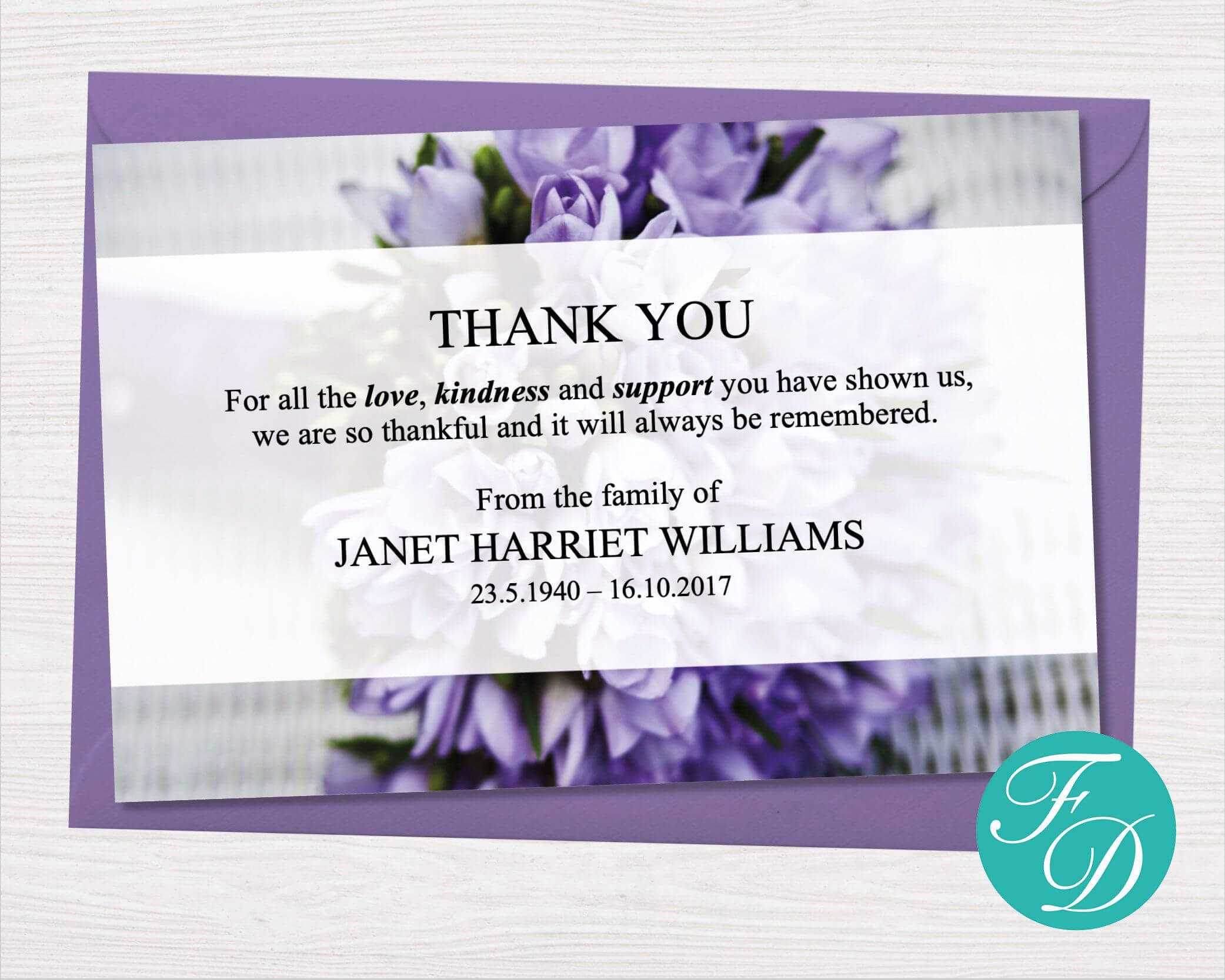 Purple Funeral Thank You Notes – Funeral Template Regarding Thank You Card Template Word