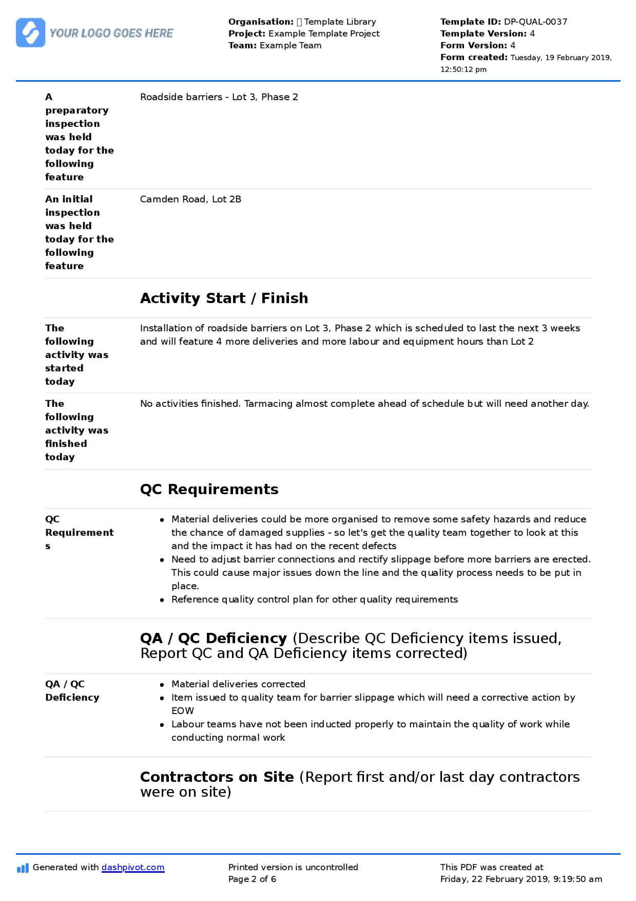 Qa Qc Report Template And Sample With Customisable Format For Software Quality Assurance Report Template