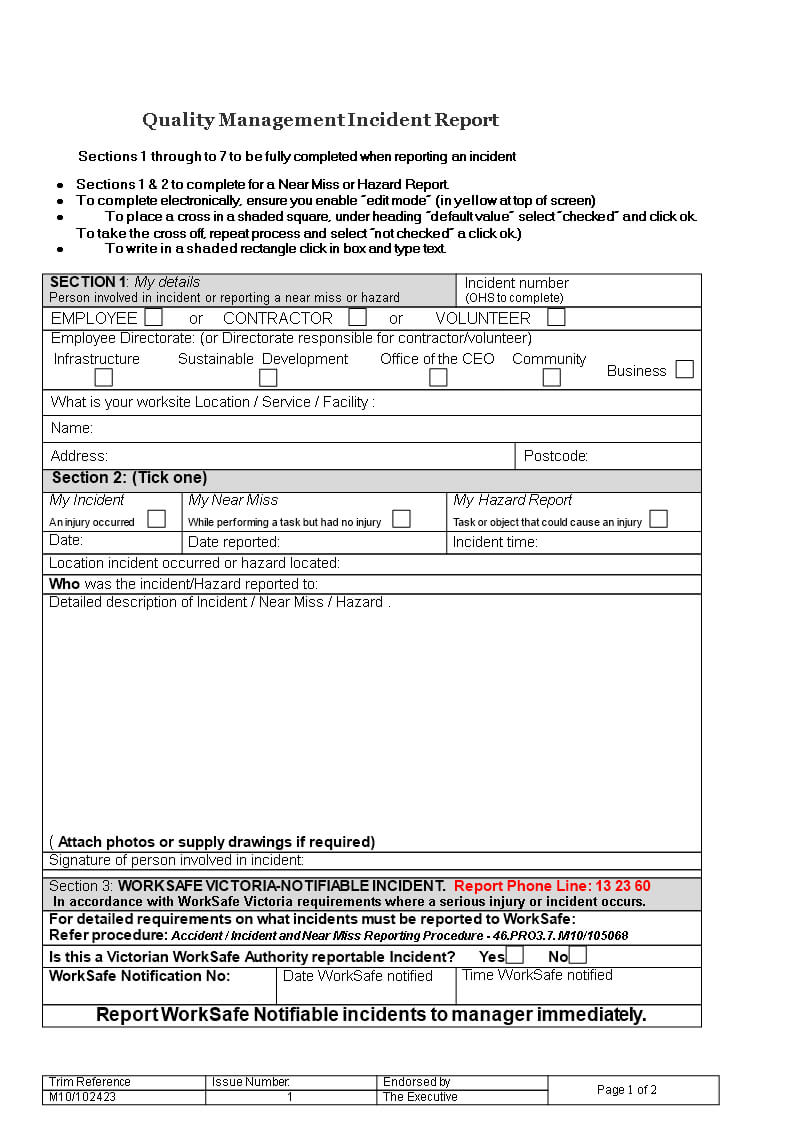 Quality Management Incident Report | Templates At For Near Miss Incident Report Template