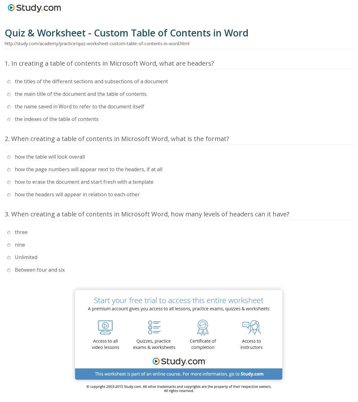 Quiz & Worksheet – Custom Table Of Contents In Word | Study Within Microsoft Word Table Of Contents Template