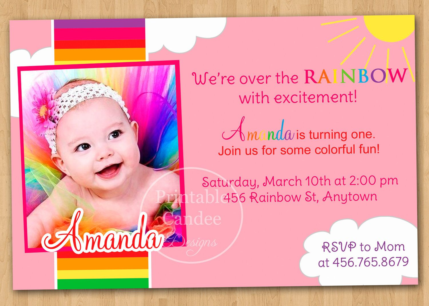 Rainbow First Birthday Invitation – Custom Printable. $10.00 In First Birthday Invitation Card Template