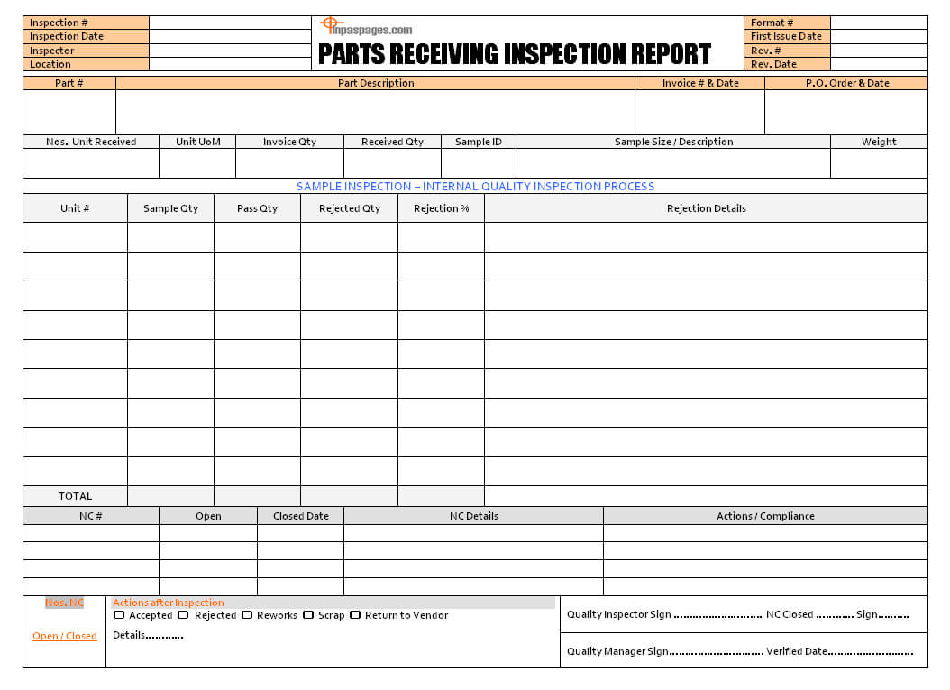 Receiving Inspection Procedure - Iso 9001 For Part Inspection Report Template