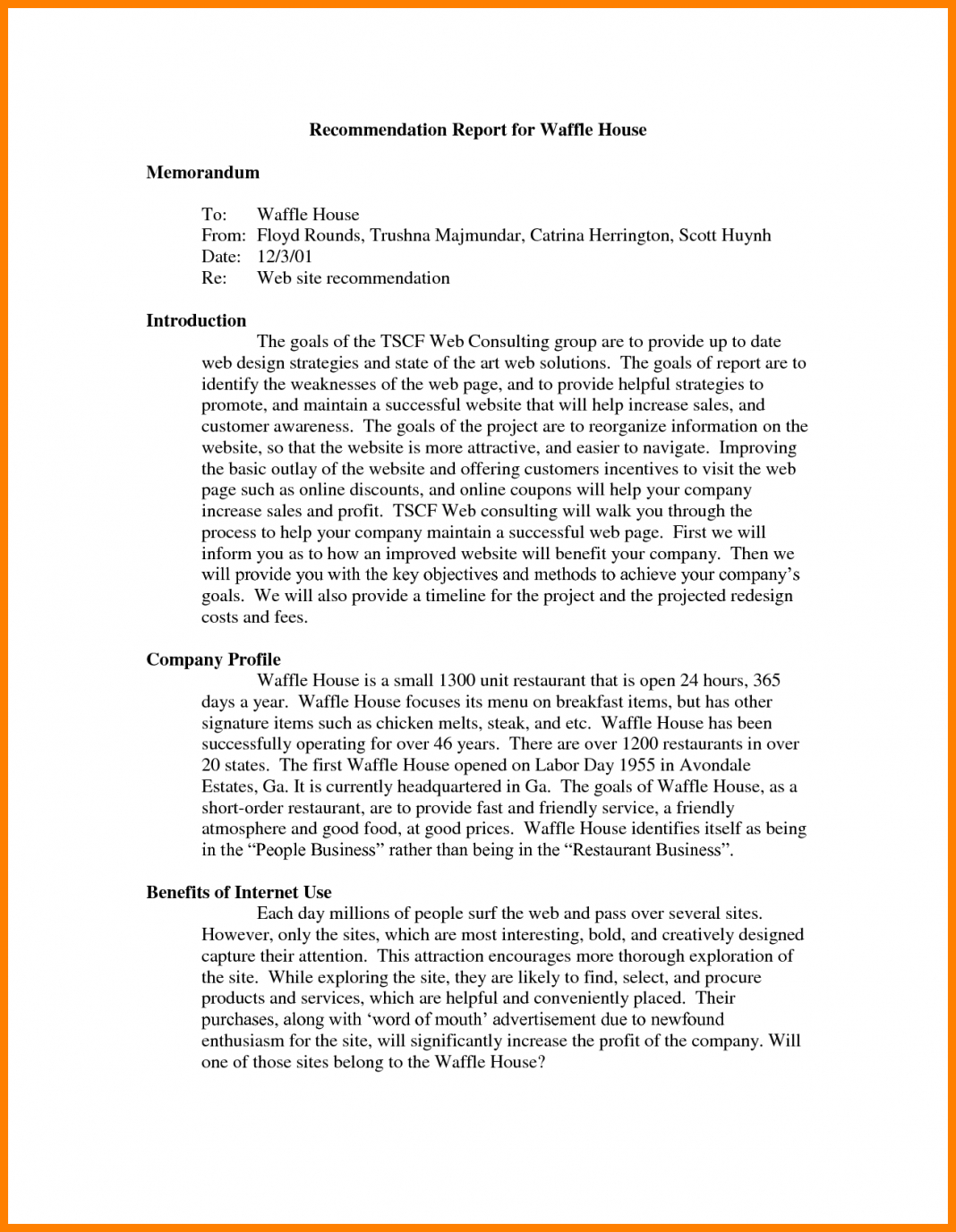 Recommendation Report Sample In Technical Writing Format Regarding Recommendation Report Template