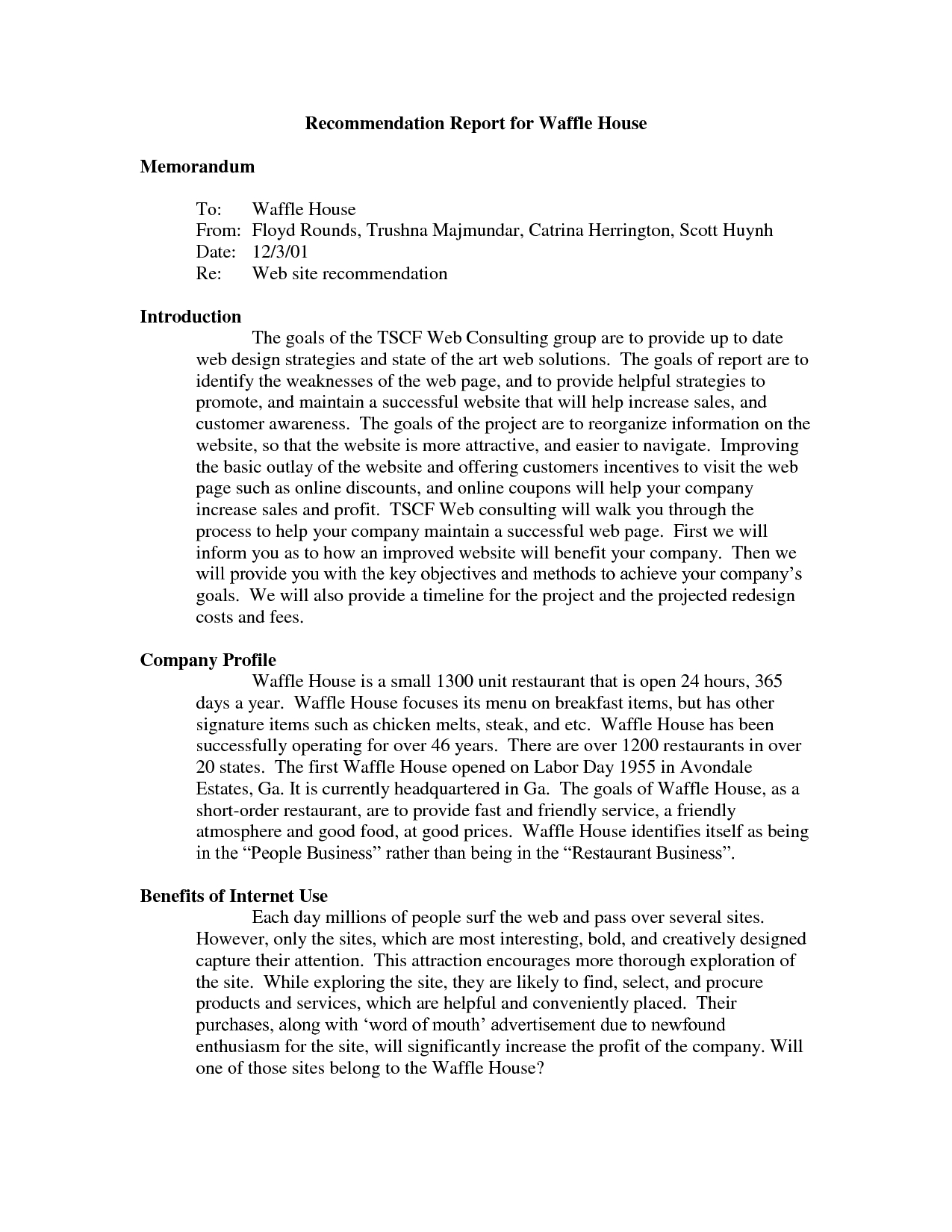 Recommendation Report Sample In Technical Writing Format With Recommendation Report Template