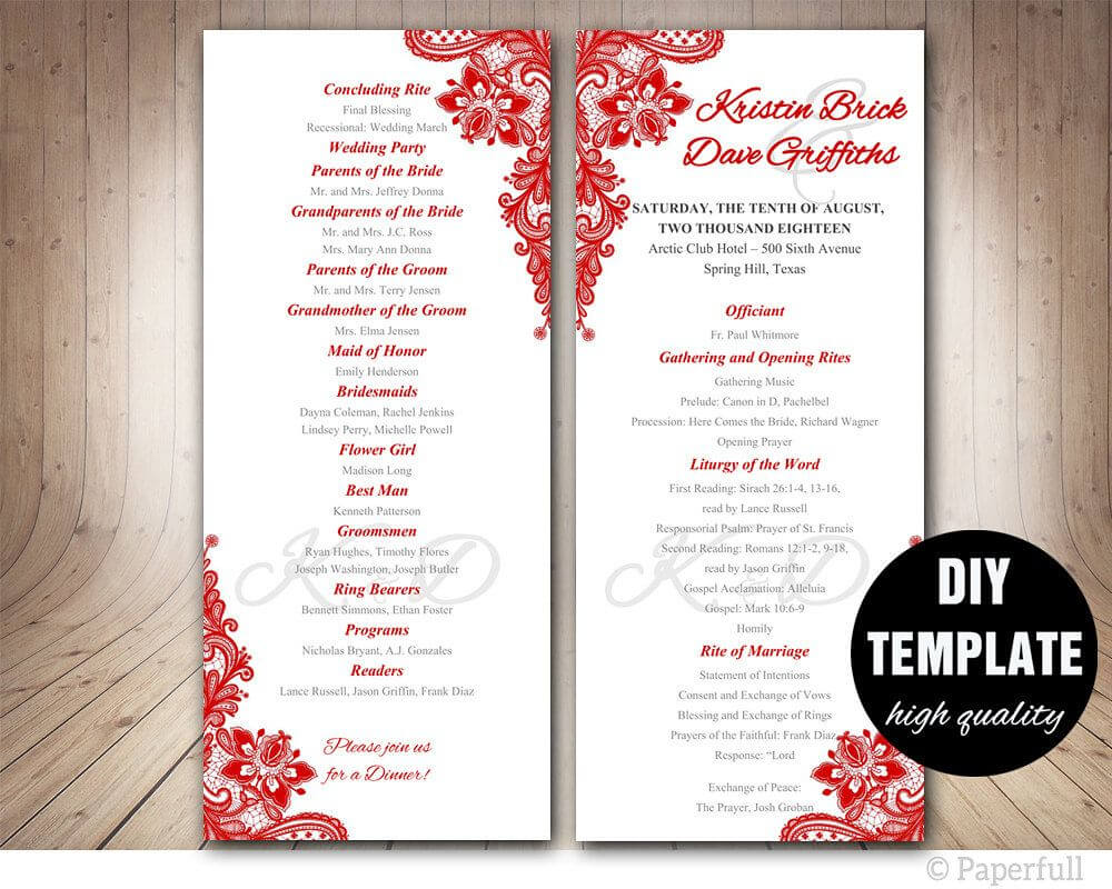 Red Wedding Program Template, Instant Download Microsoft With Free Printable Wedding Program Templates Word