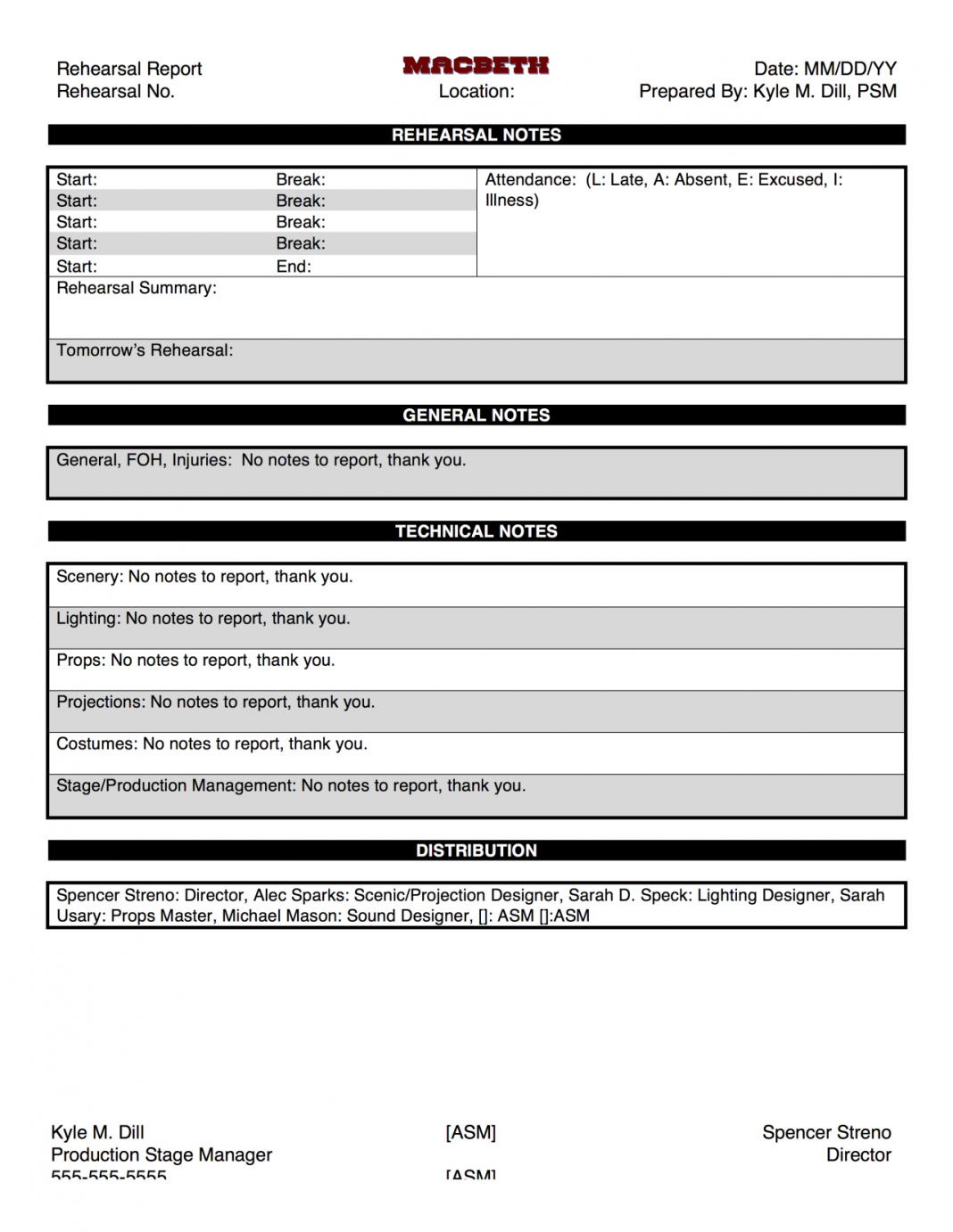 Rehearsal Report Template Stage Manager Theatre Pdf E Es Fp With Regard To Rehearsal Report Template
