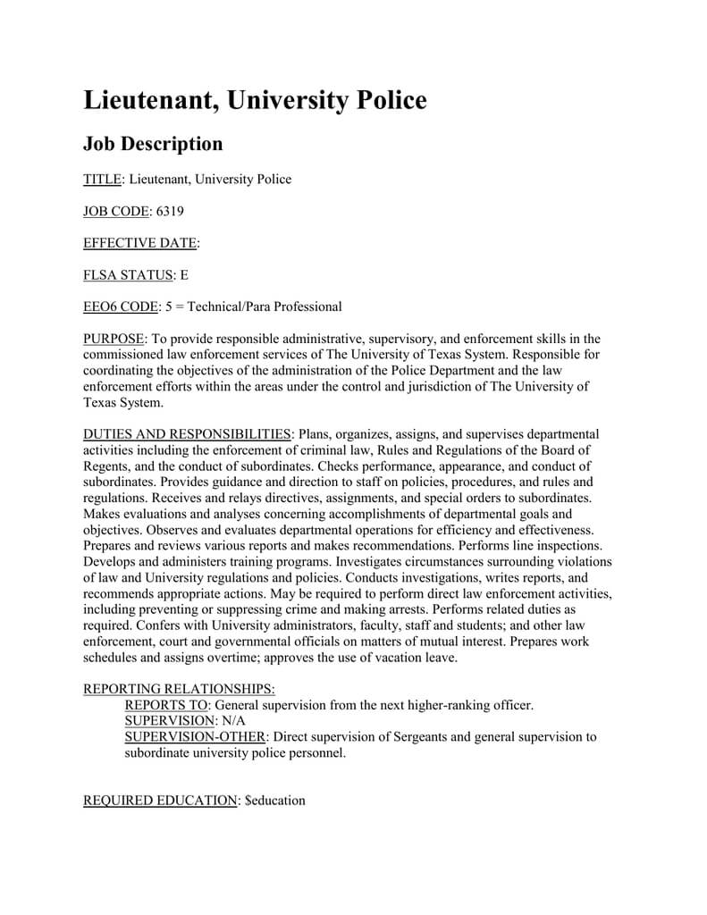 Resume ~ Objectives Of Job Description Lieutenant University Throughout Job Descriptions Template Word