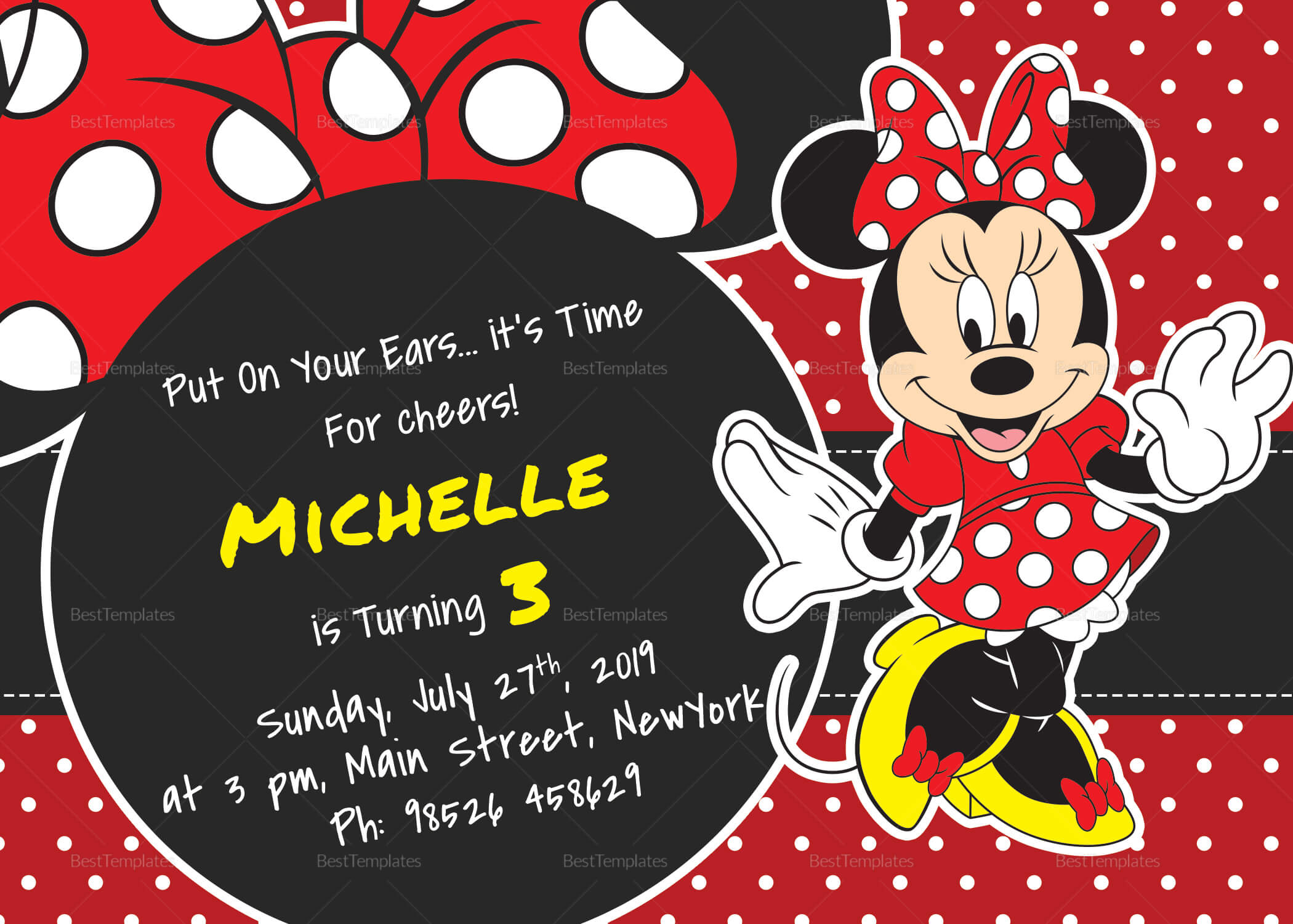 Rocking Minnie Mouse Birthday Invitation Card Template Within Minnie Mouse Card Templates