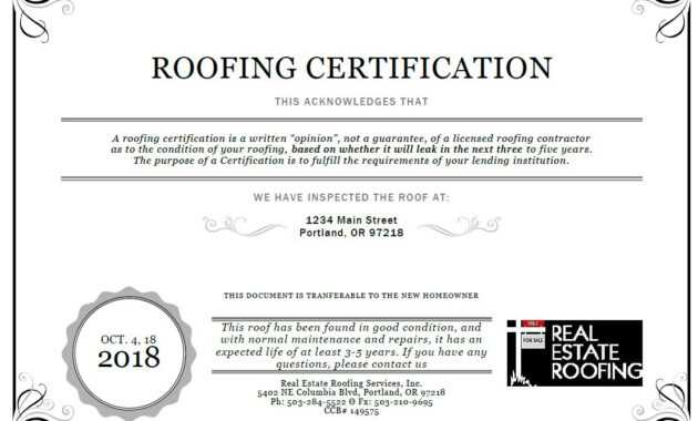 Roof Certification: Sample | Real Estate Roofing for Roof Certification Template