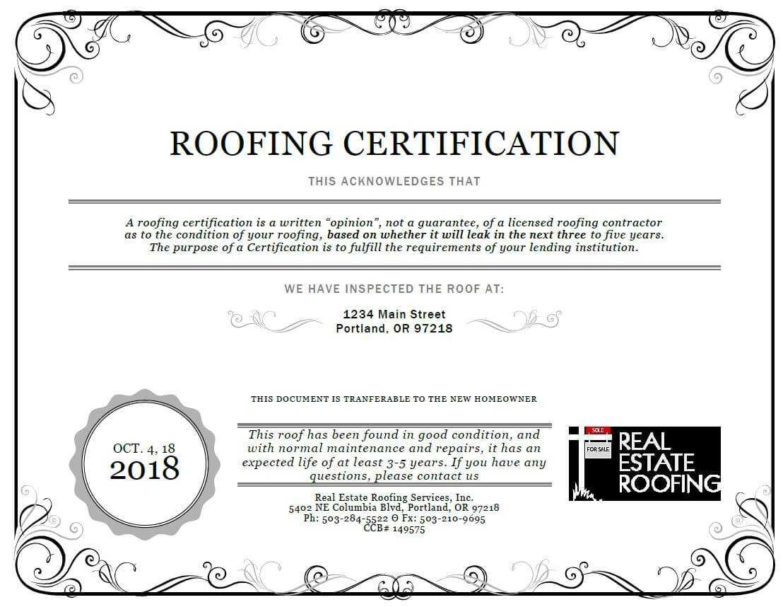 Roof Certification: Sample | Real Estate Roofing For Roof Certification Template