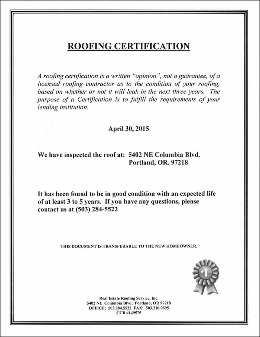 Roofing Certificate Of Completion Template Lovely Roof Regarding Roof Certification Template