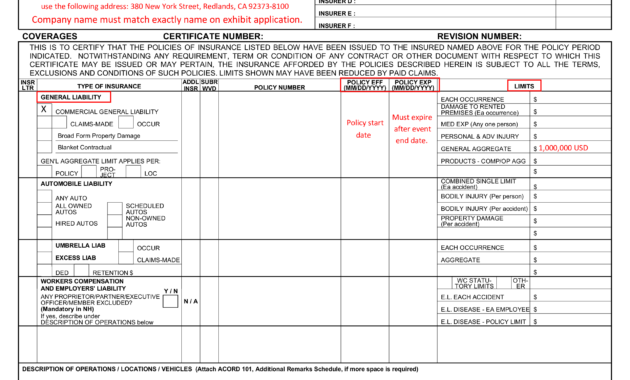 Sample Certificate Of Insurance (Coi) - Sample Certificate within Certificate Of Insurance Template