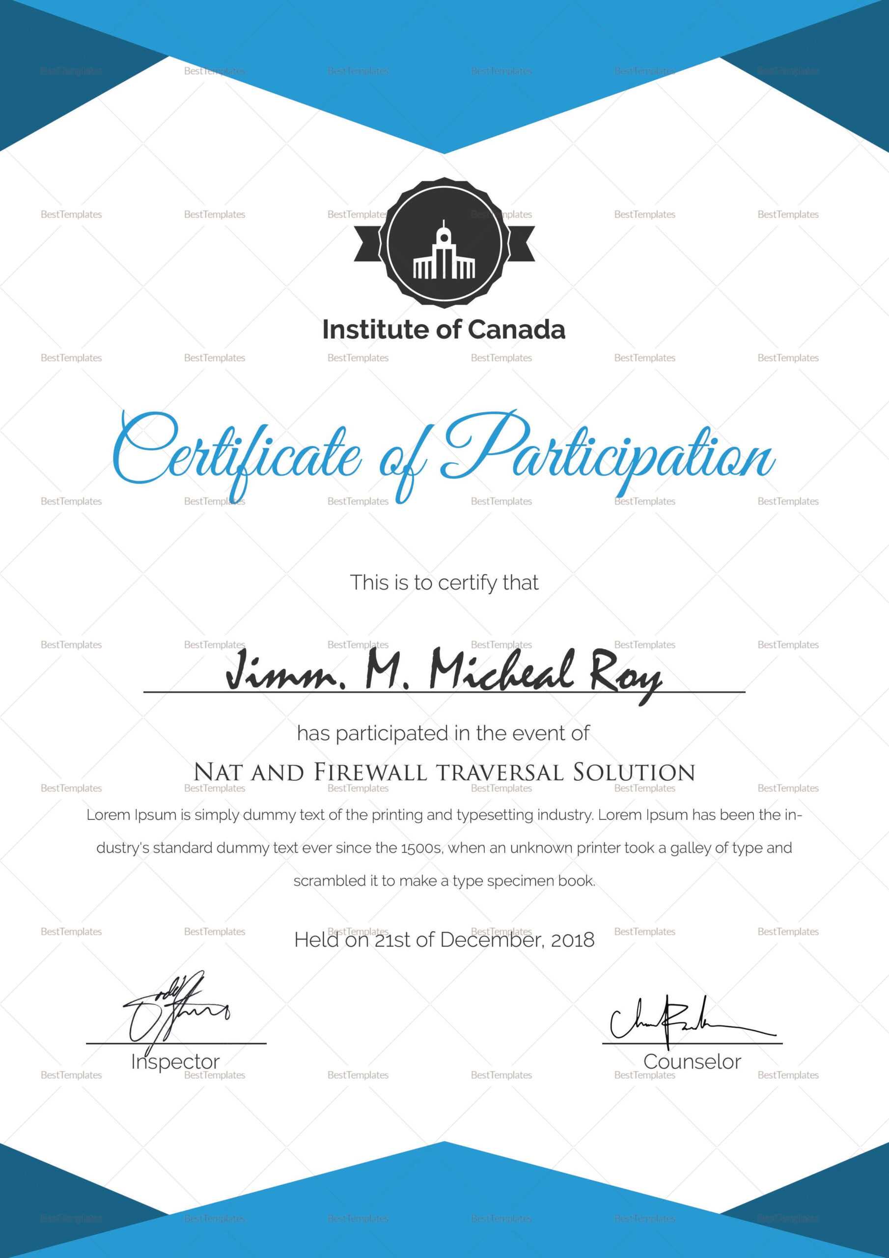 Sample Certificate Of Participation Template | Certificate Within Sample Certificate Of Participation Template