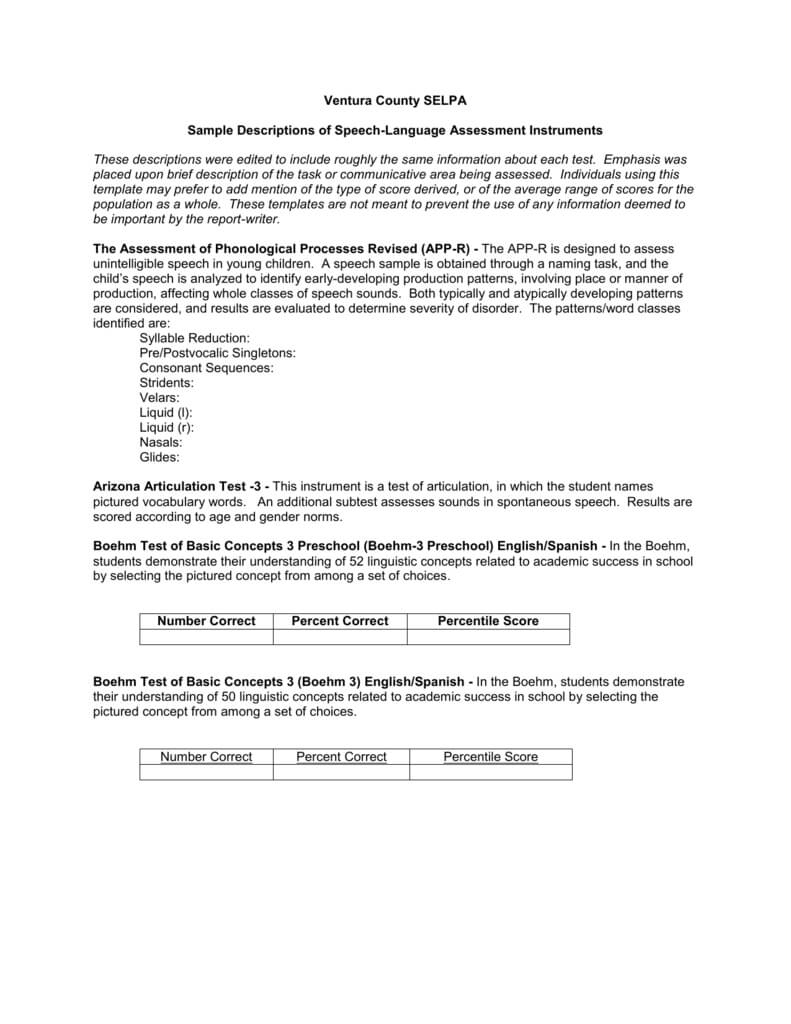 Sample Descriptions Of Speechlanguage Assessment Instruments With Regard To Speech And Language Report Template