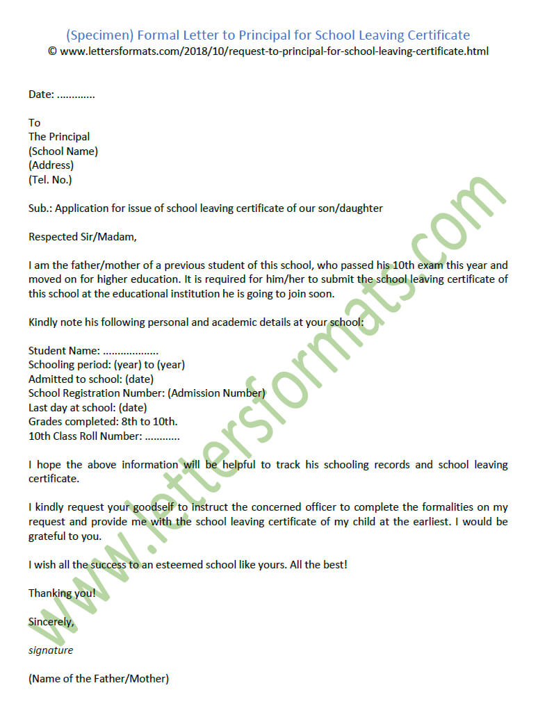 Sample Formal Letter To Principal For School Leaving Certificate Throughout Leaving Certificate Template
