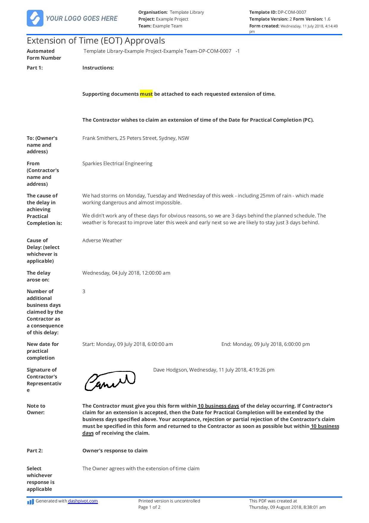 Sample Letter Of Extension Of Time For Construction (Eot Letter) Intended For Jct Practical Completion Certificate Template