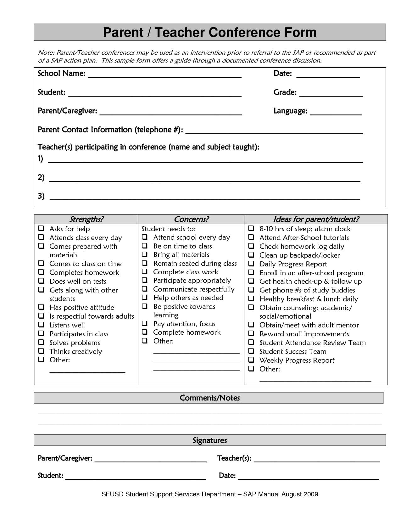 Sample Parent Teacher Conference Form Parent Teacher In Conference Report Template