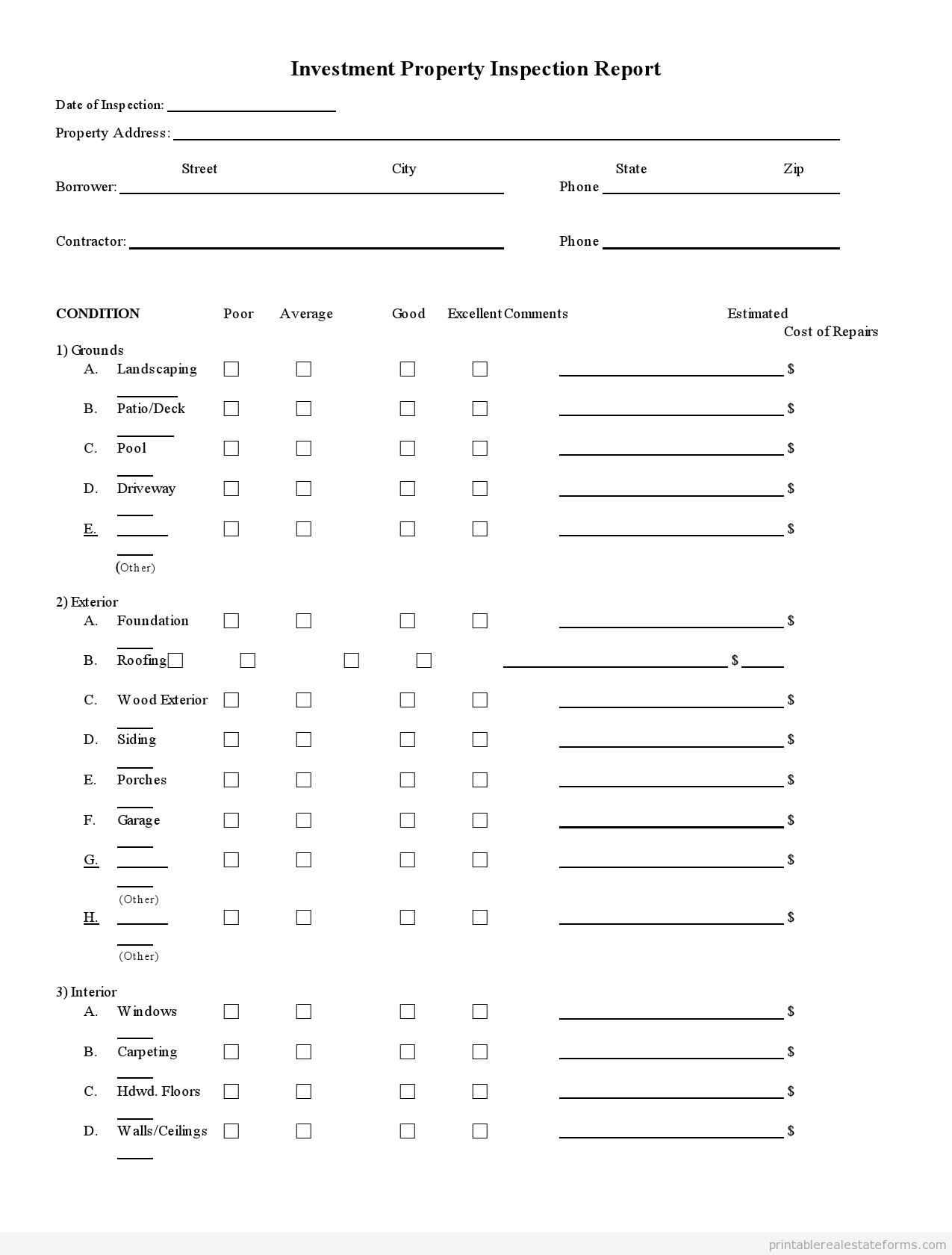 Sample Printable Investment Property Inspection Report Form Inside Property Management Inspection Report Template