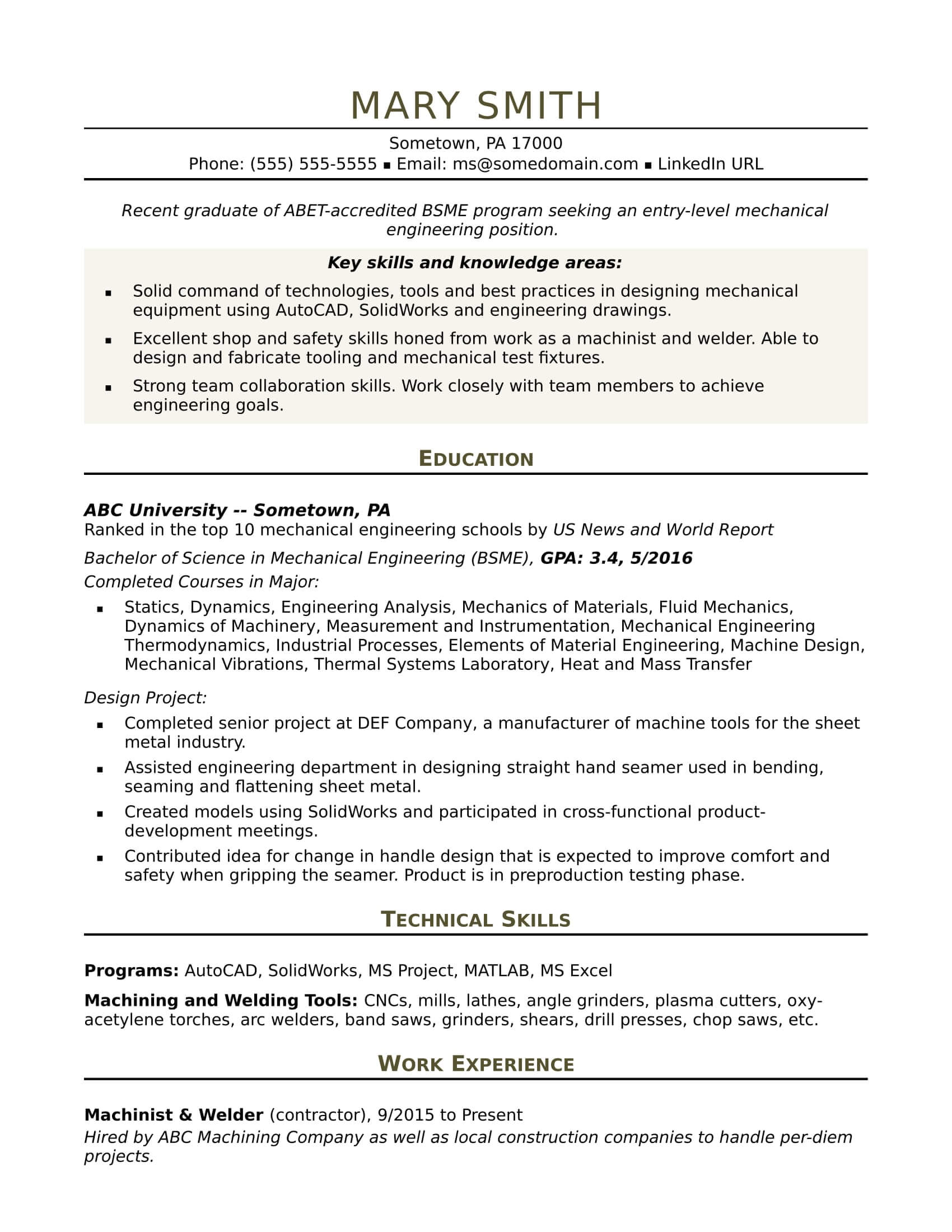 Sample Resume For An Entry Level Mechanical Engineer Regarding Mechanic Job Card Template