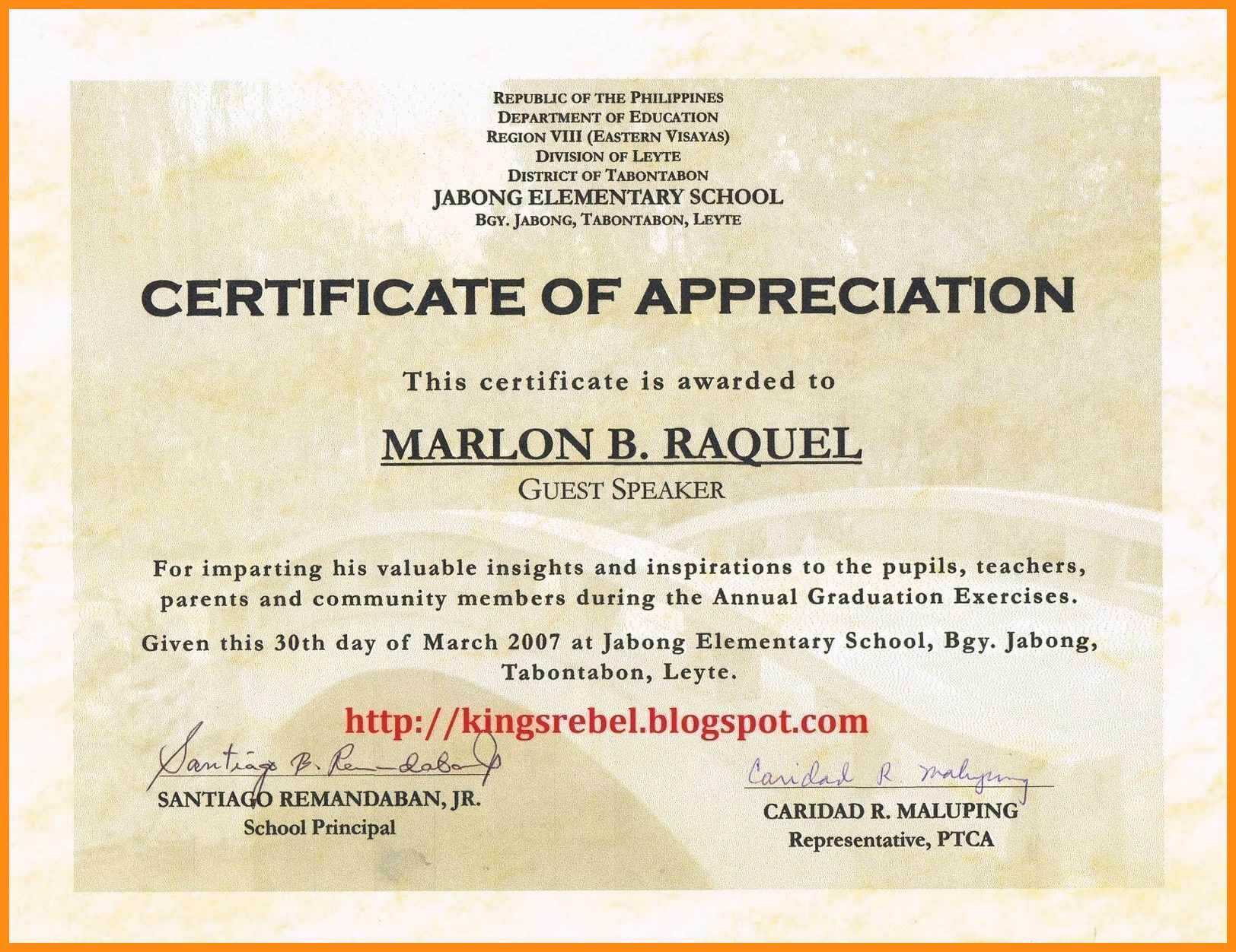 Sample Wording Certificates Appreciation Templates Throughout Army Certificate Of Achievement Template