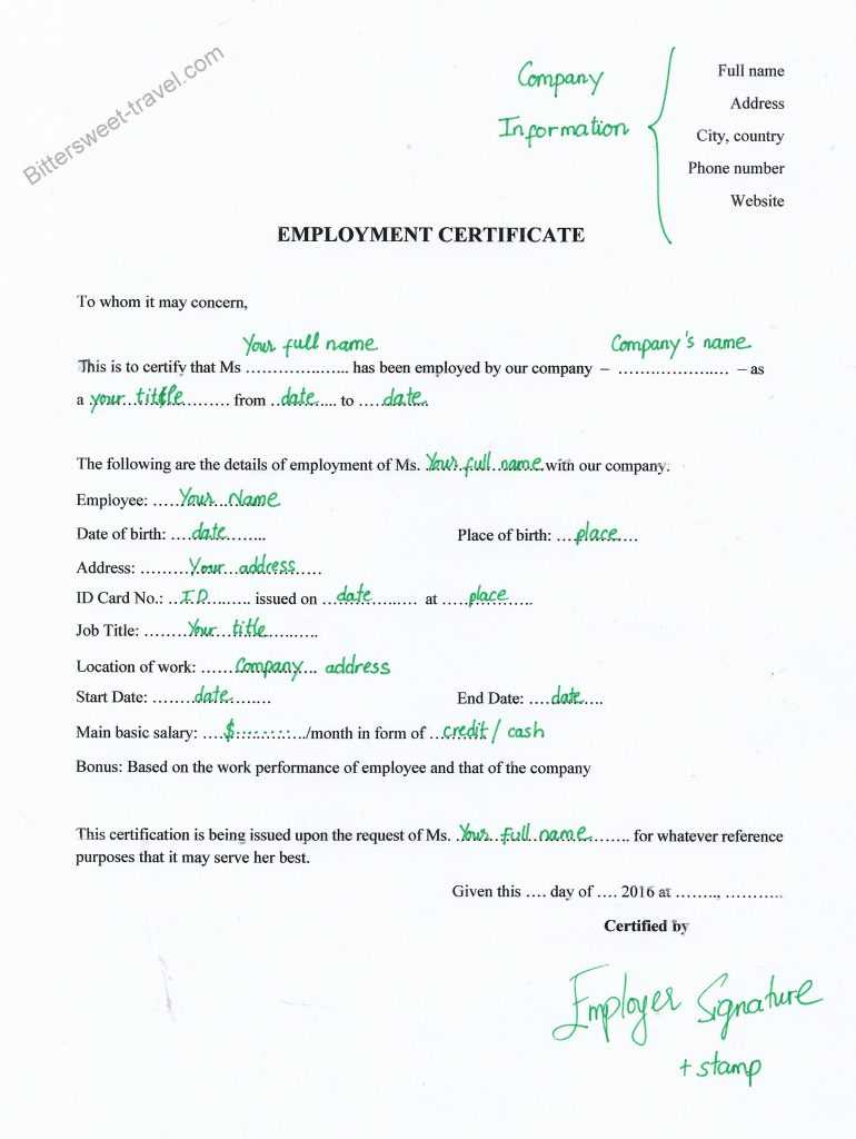 Schengen Visa Application Documents: Employment Certificate Throughout Template Of Certificate Of Employment