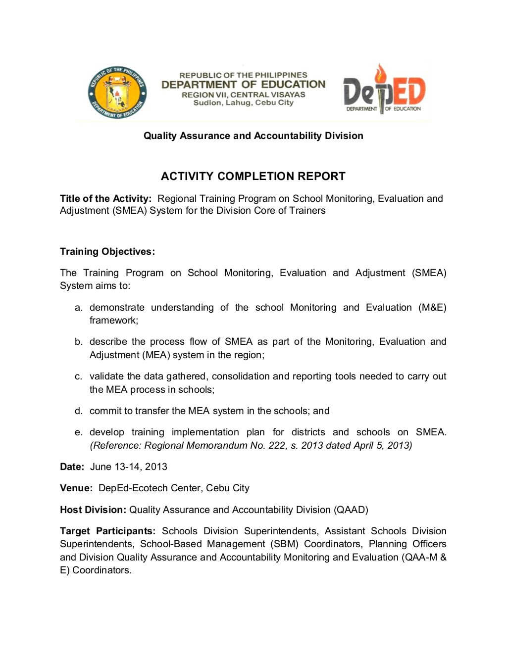 School Monitoring, Evaluation And Adjustment  Activity Regarding Monitoring And Evaluation Report Template