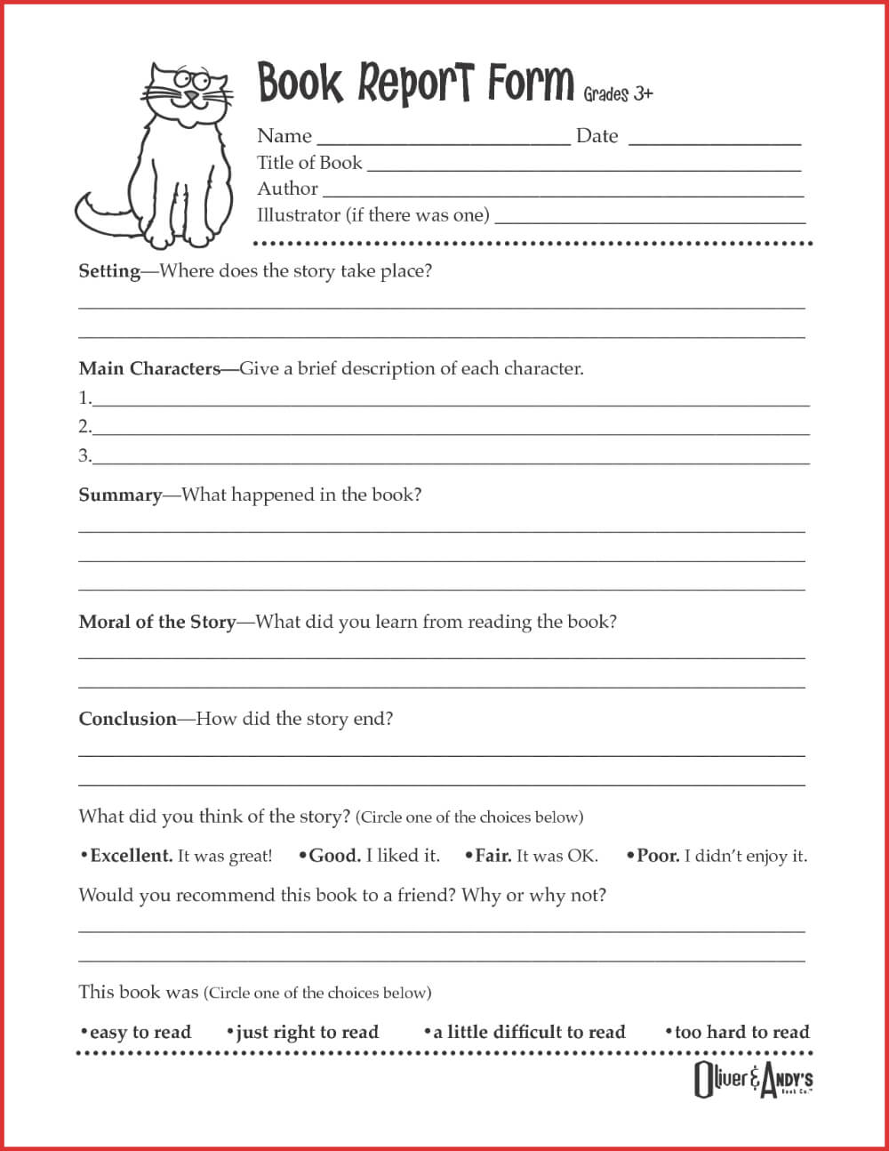 Second Grade Book Report Template Book Report Form Grades 3 With Book Report Template Middle School