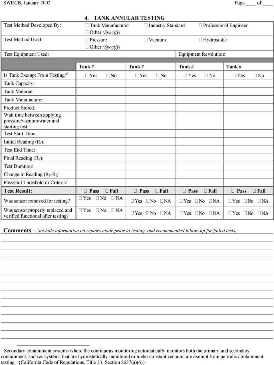 Secondary Containment Testing Report Form – Pdf Free Download For Hydrostatic Pressure Test Report Template