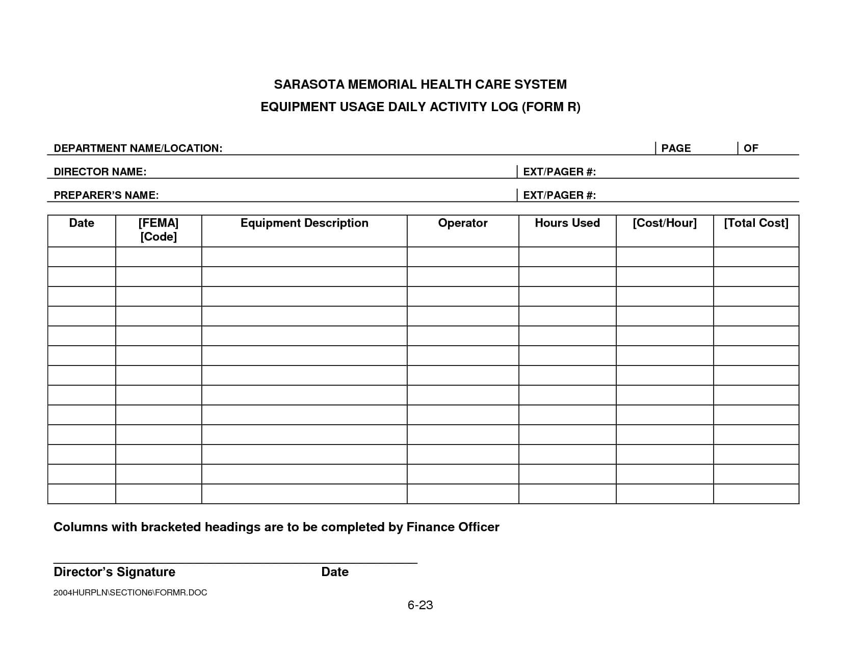 Security Daily Activity Log Template | Smhcs Equipment Usage Within Daily Activity Report Template