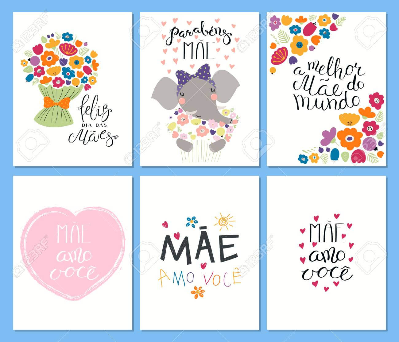 Set Of Mother's Day Cards Templates With Quotes In Portuguese Intended For Mothers Day Card Templates