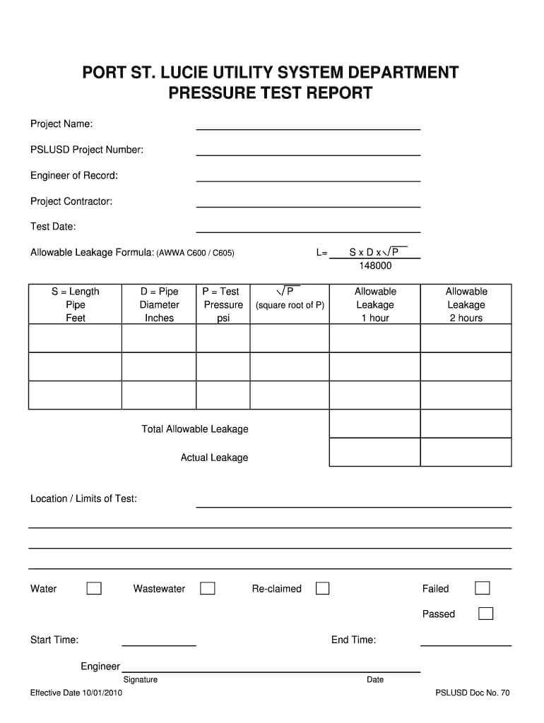 Sewe Line Pressure Test Form – Fill Online, Printable For Hydrostatic Pressure Test Report Template