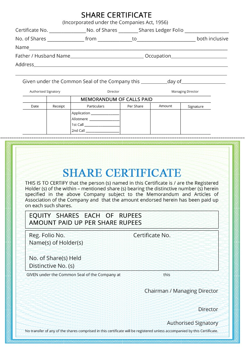 Share Certificate - Indiafilings For Template Of Share Certificate
