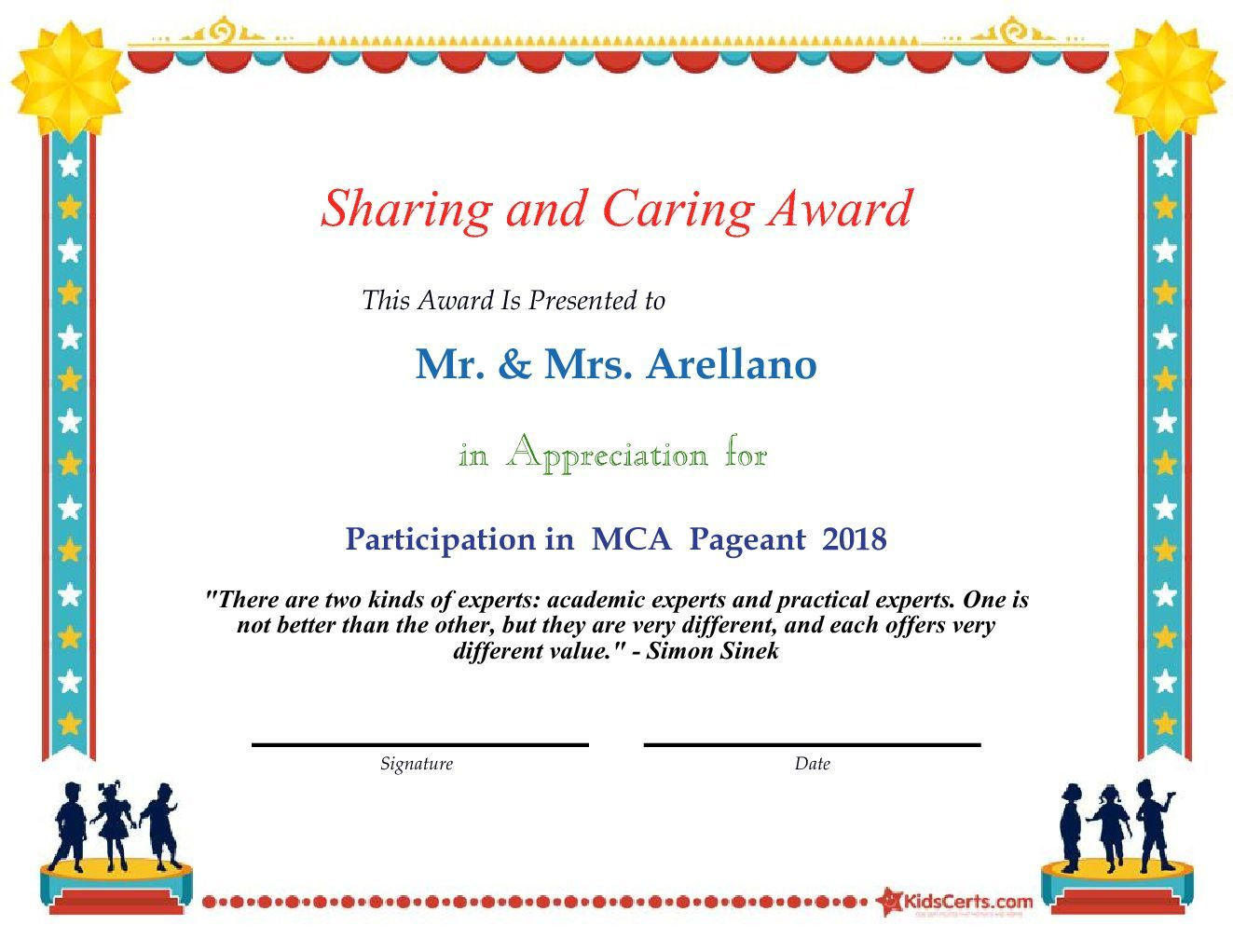 Sharing And Caring Award - Participation In Mca Pageant 2018 In Pageant Certificate Template