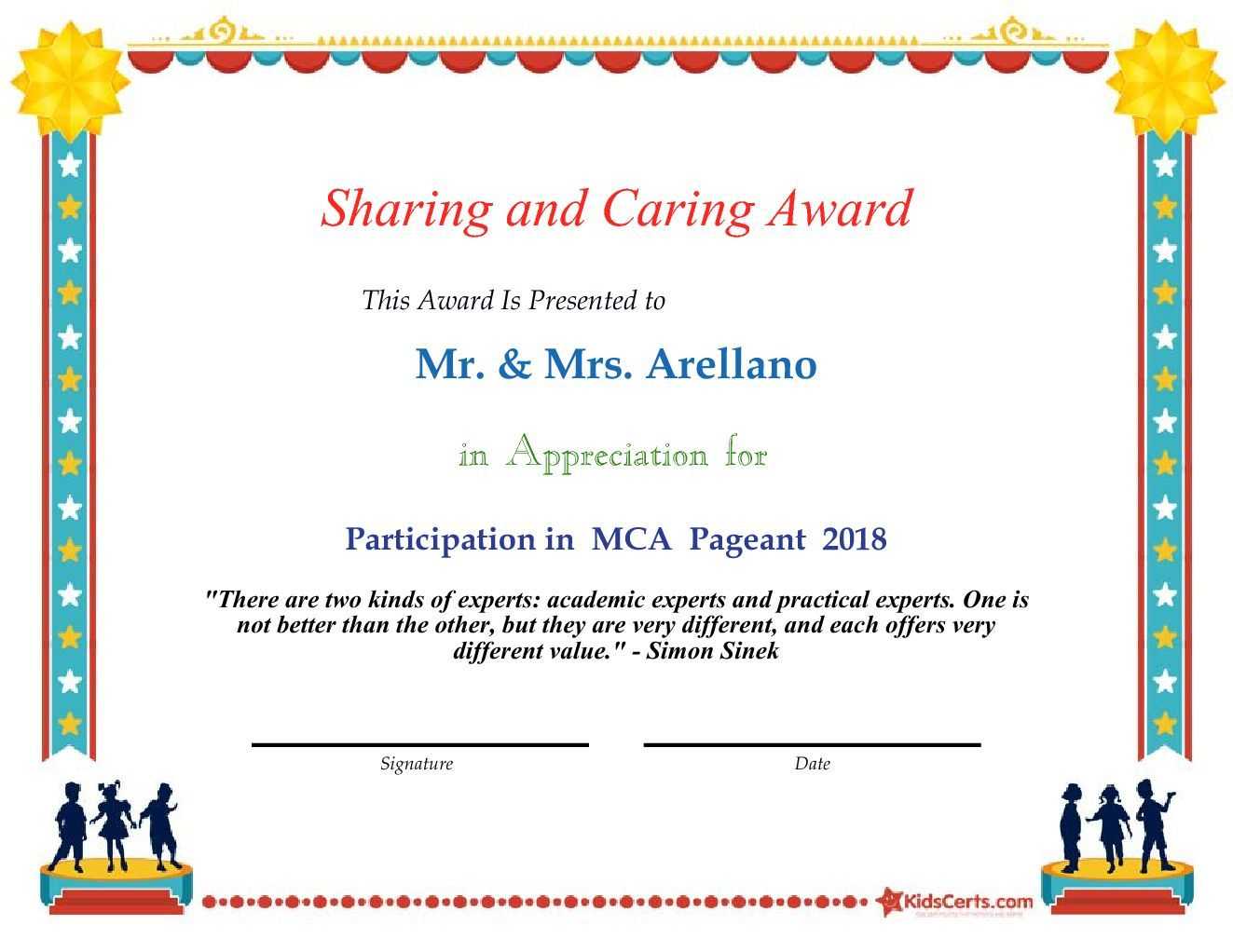 Sharing And Caring Award – Participation In Mca Pageant 2018 In Pageant Certificate Template