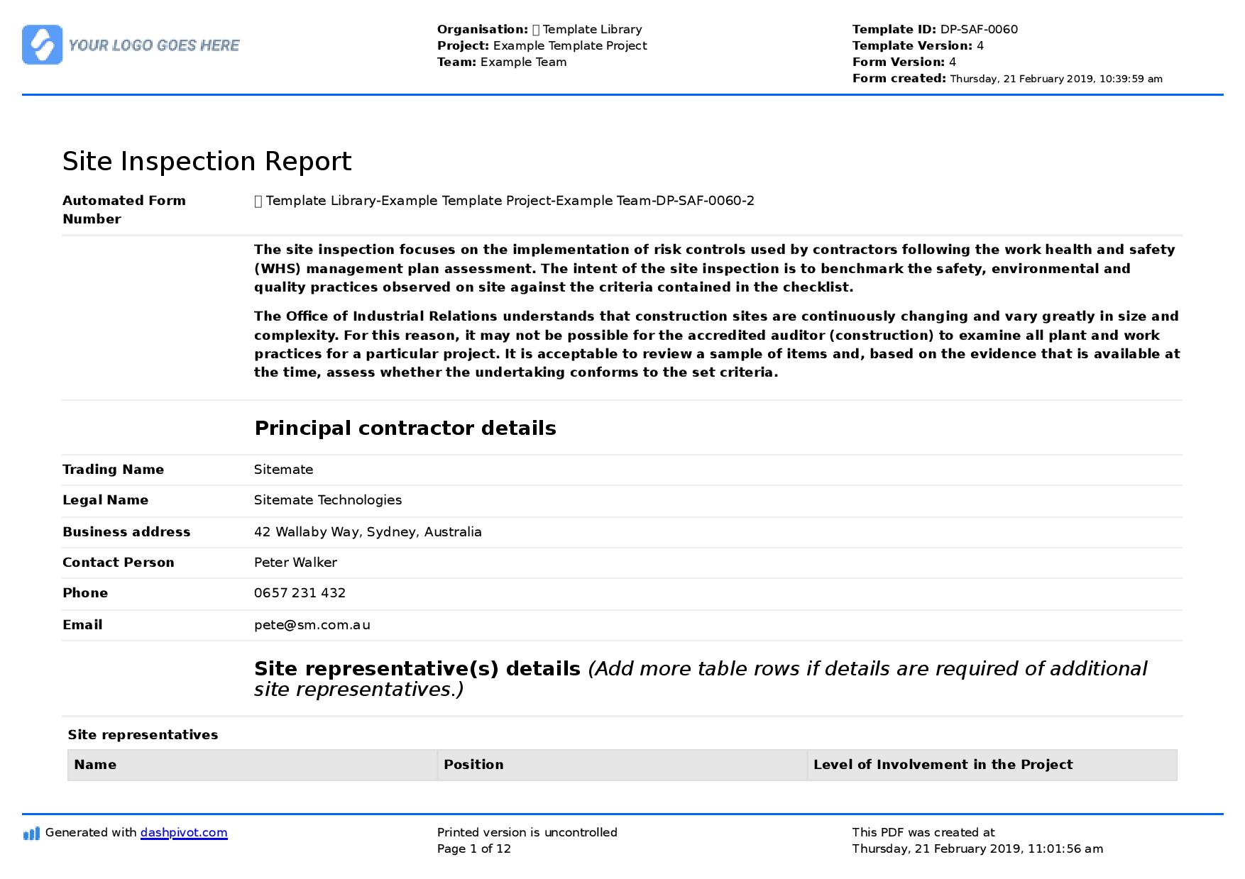 Site Inspection Report: Free Template, Sample And A Proven Intended For Improvement Report Template