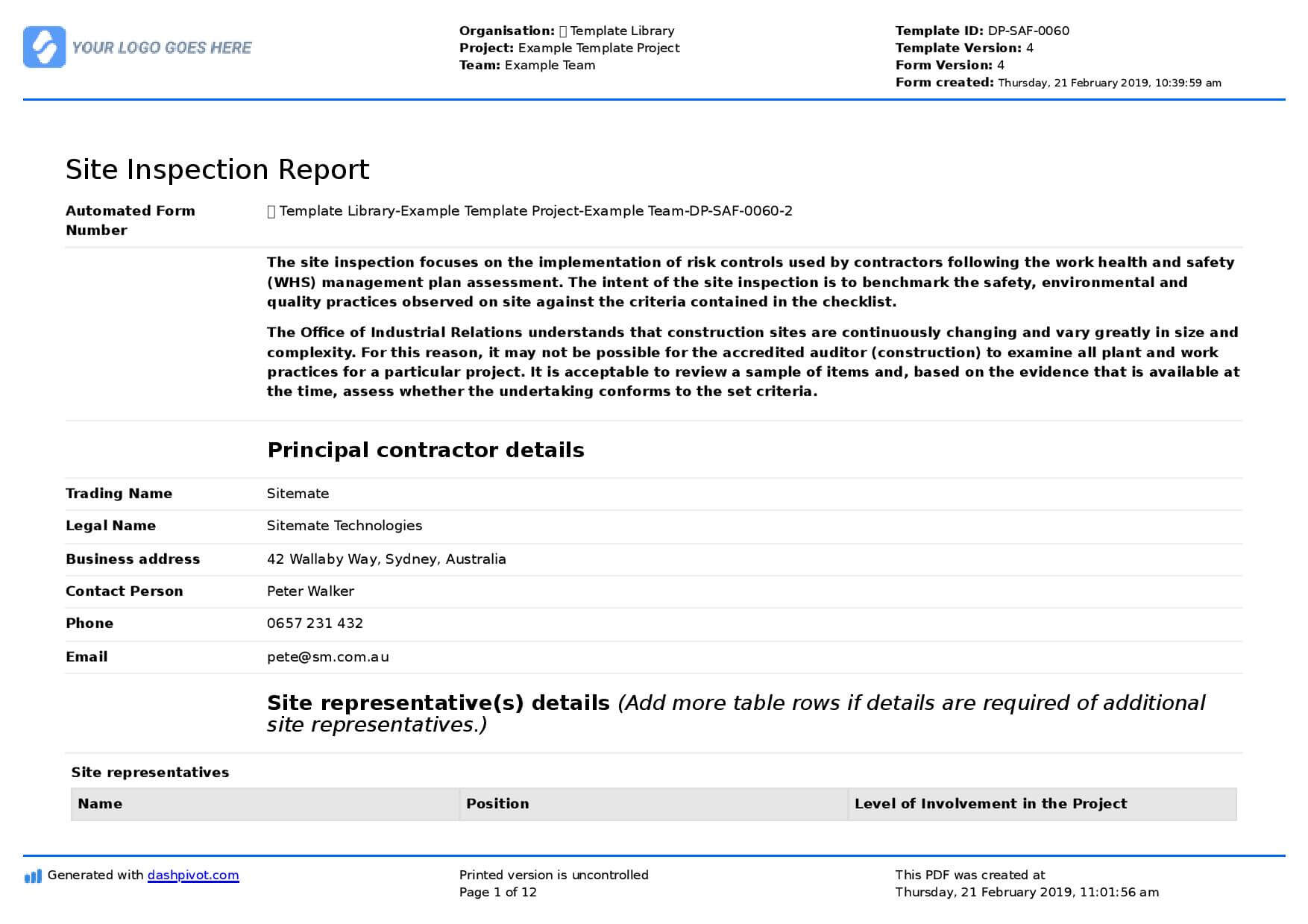 Site Inspection Report: Free Template, Sample And A Proven Intended For Part Inspection Report Template