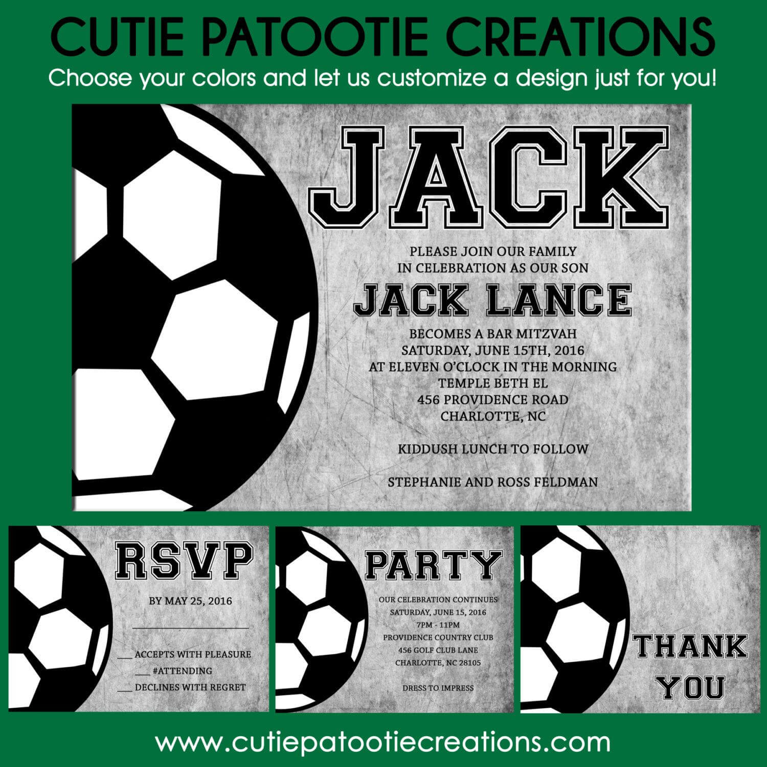 Soccer Bar Mitzvah Invitation – Rsvp Card – Party Card Inside Soccer Thank You Card Template