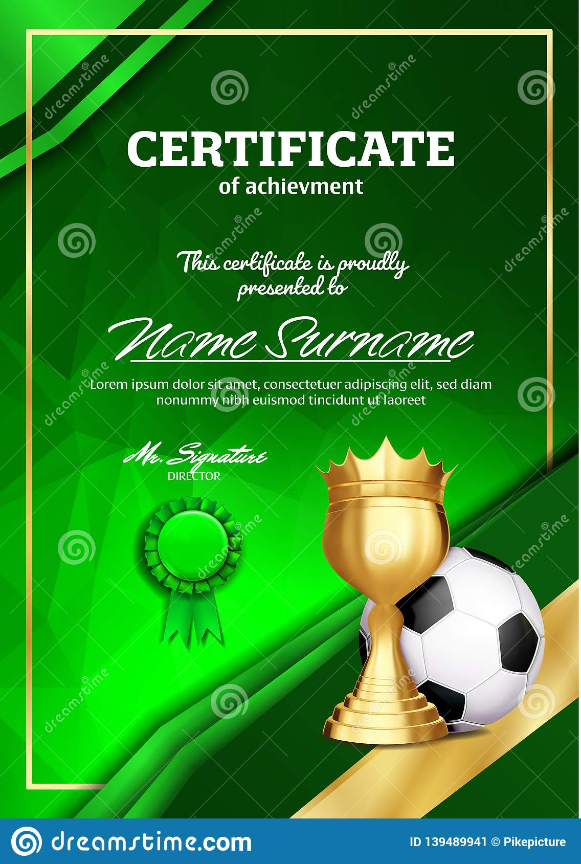 Soccer Certificate Diploma With Golden Cup Vector. Football With Regard To Soccer Award Certificate Template