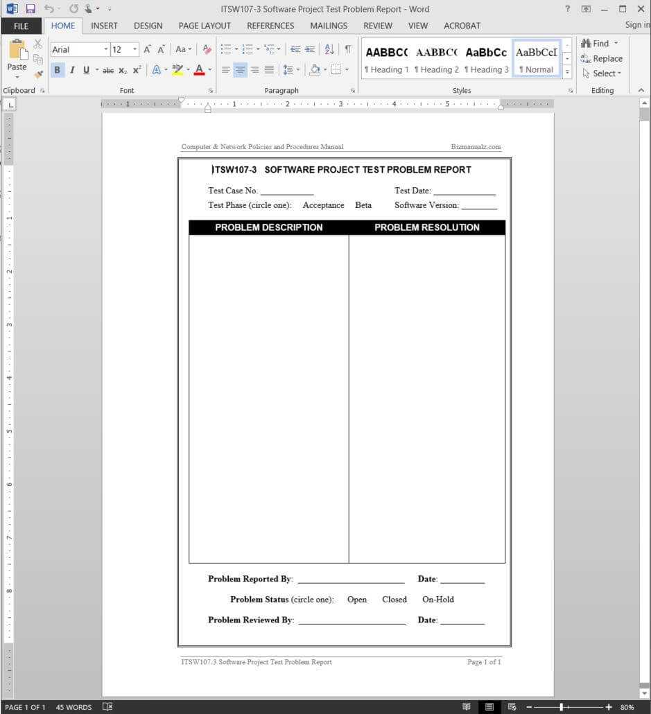 Software Project Test Problem Report Template | Itsw107 3 Regarding Software Problem Report Template