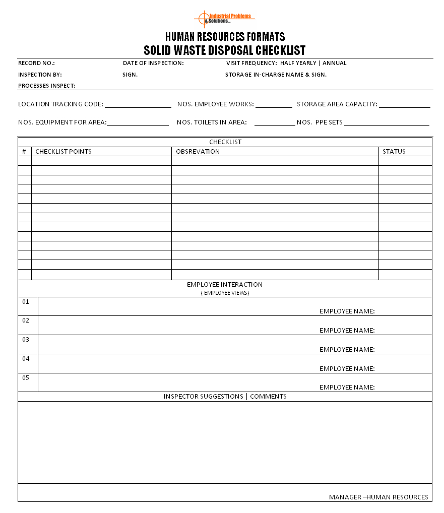 Solid Waste Disposal Checklist Format With Waste Management Report Template